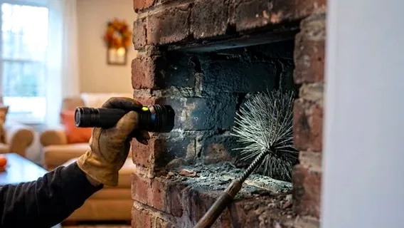 Technician inspecting a fireplace with a flashlight during an escrow inspection in Costa Mesa