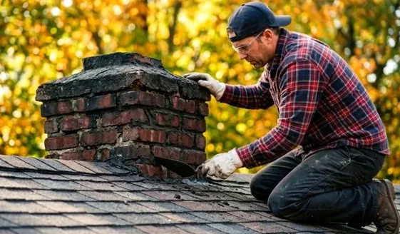 Mason working on the top of a brick chimney in Costa Mesa's Mesa Verde neighborhood